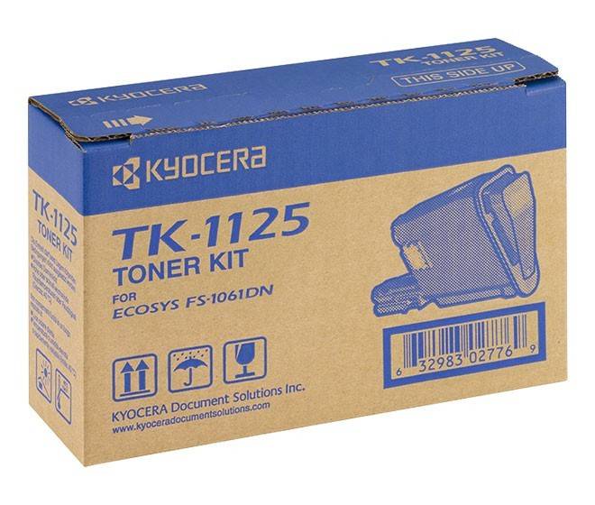 Karton des Kyocera TK-1125 Tonerkits mit dem Text 'FÜR ECOSYS FS-1061DN', blauer Markengestaltung und Illustration des Toners auf hellem braunem Hintergrund.