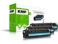KMP-Druckertoner-Kartuschenverpackung mit drei schwarzen und cyan-Kartuschen, die vor einer grünen Schachtel angezeigt werden.