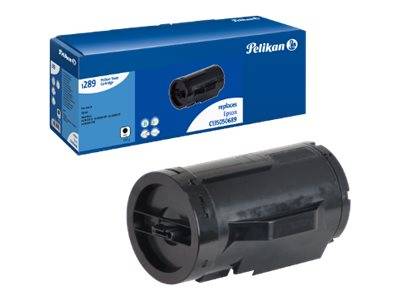 Schwarze Pelikan-Tonerkartusche, gezeigt mit ihrer blauen Produktkartonverpackung.