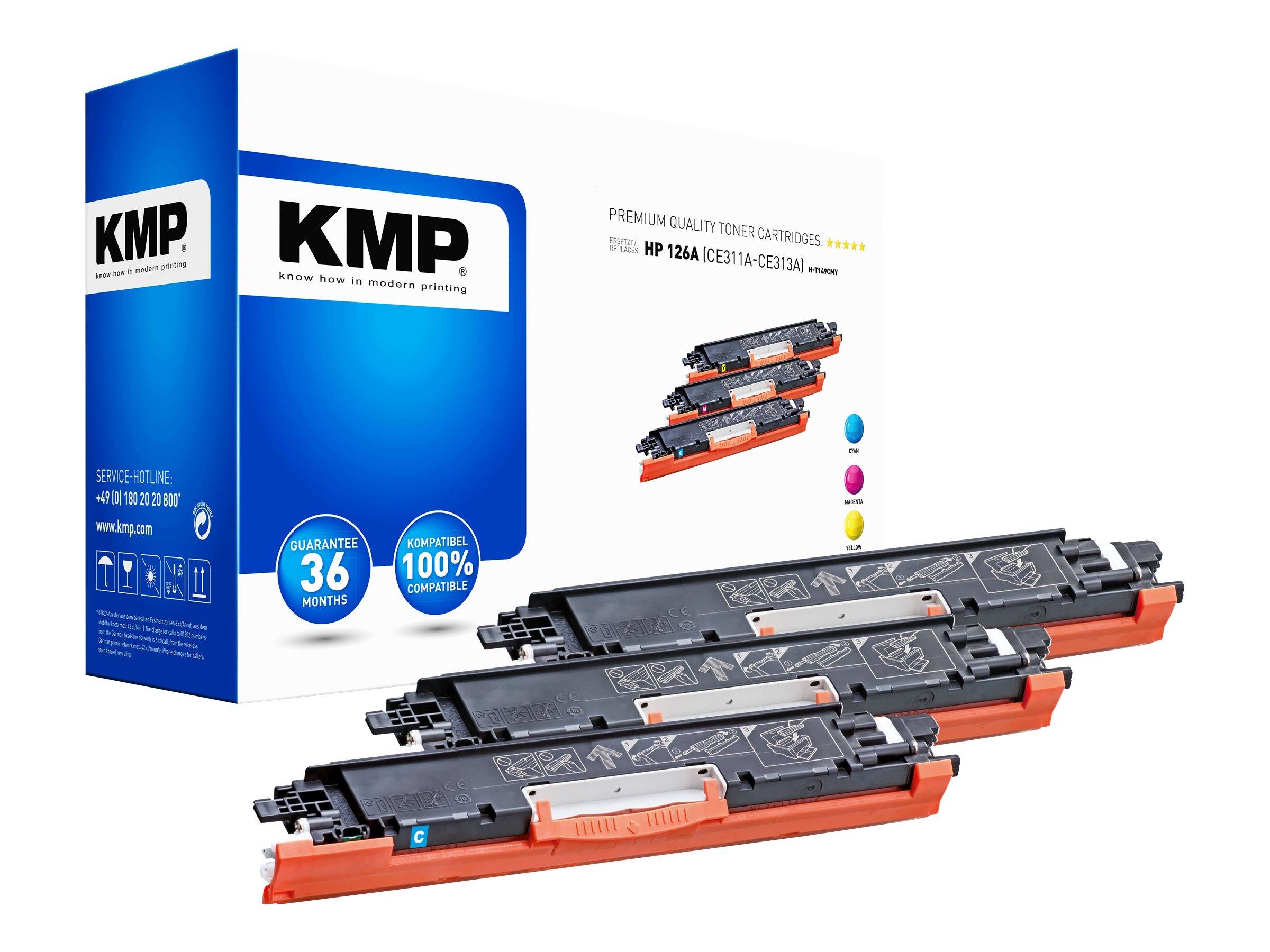KMP-Tonerkartusche Verpackung und drei schwarz-orange Druckerpatronen auf weißem Hintergrund, gekennzeichnet als kompatibel mit HP 126A/CE310A-CE313A und garantiert 36 Monate/100% kompatibel.