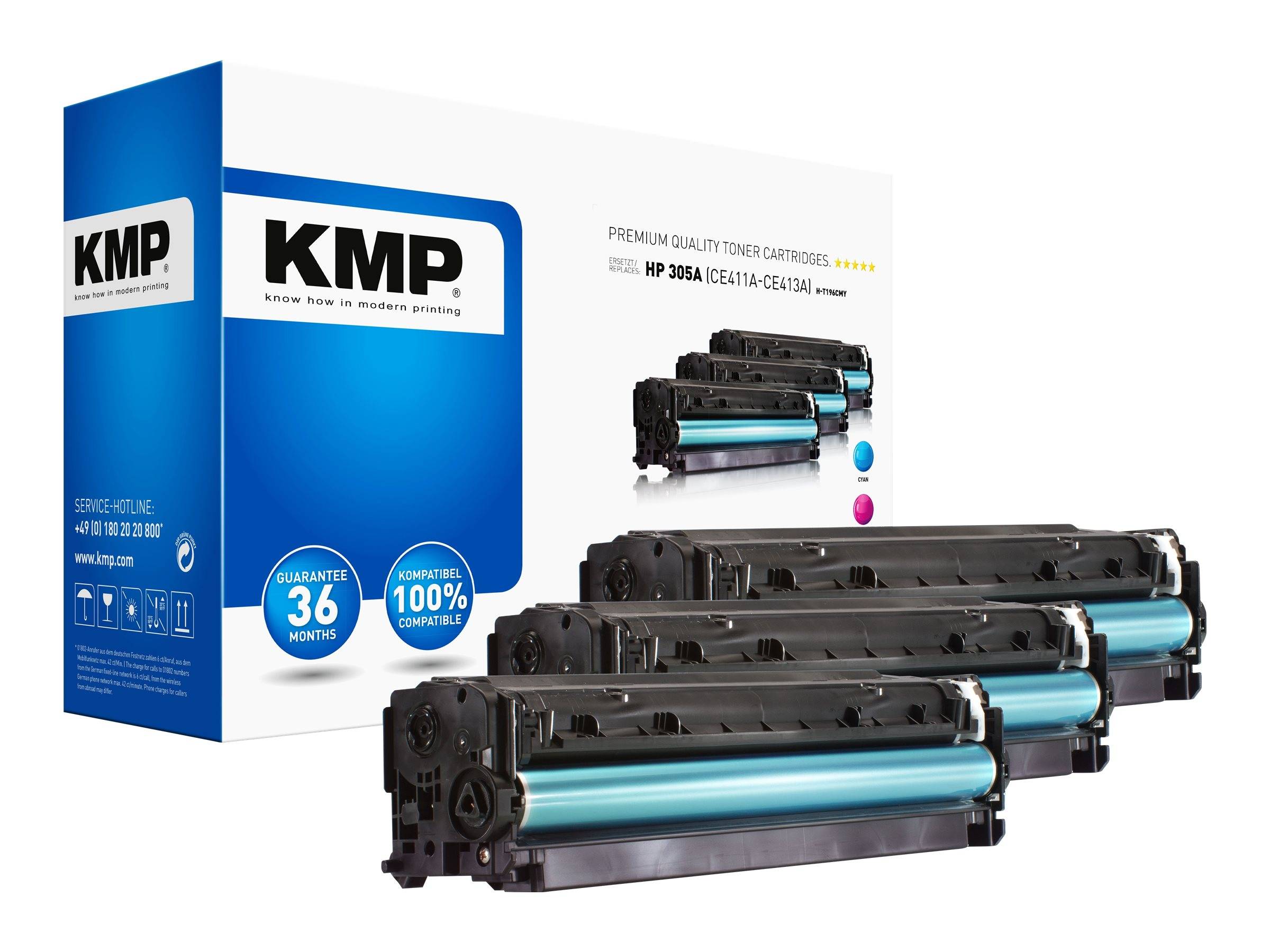 KMP Toner-Kartuschen in Premium-Qualität Verpackung mit drei schwarz-cyan Laserdrucker-Tonerkartuschen, die vorne angezeigt werden.