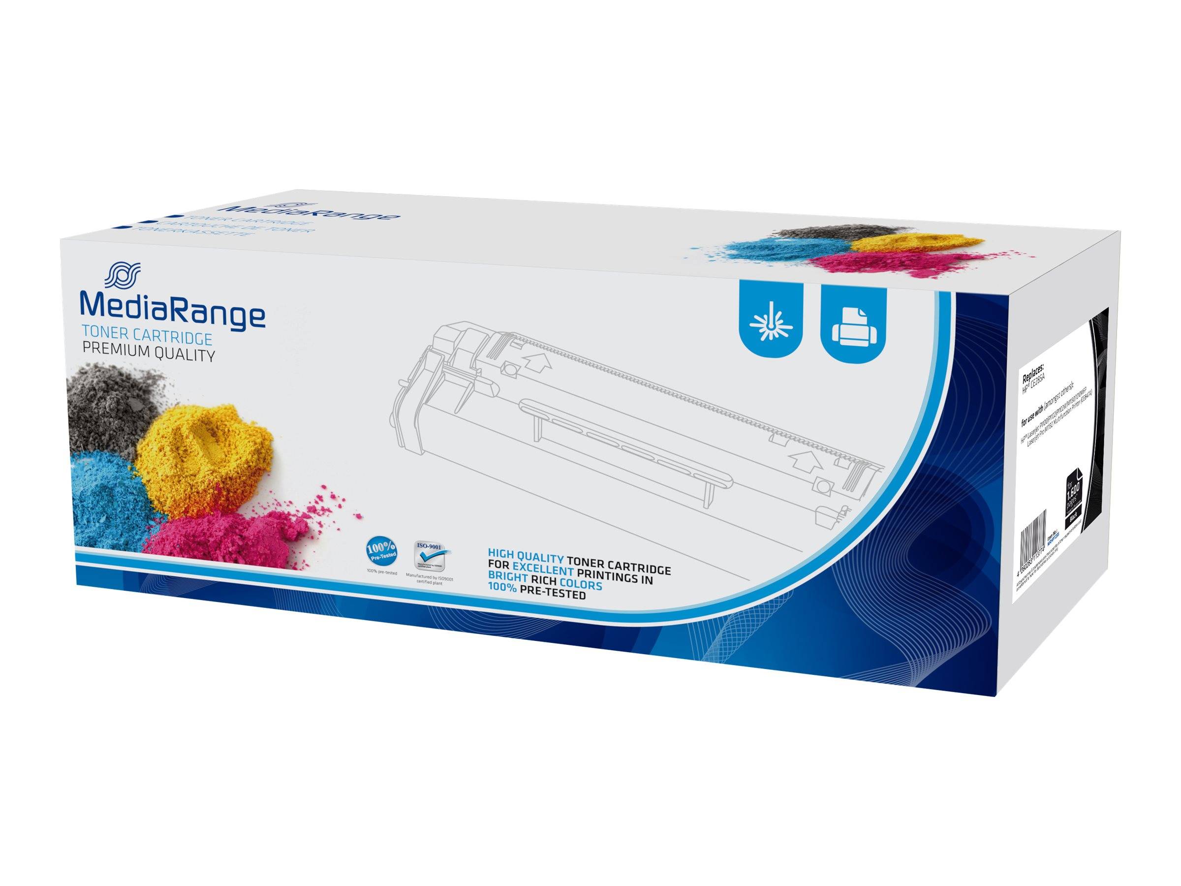 MediaRange Premium-Qualität Tonerpatrone Verpackung für Drucker, weiß mit blauen Akzenten und farbenfrohem Tonerpulver-Bild.