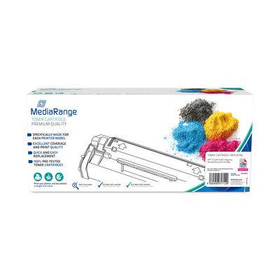 MediaRange Premium-Qualität Tonerpatronen-Box mit blauem, schwarzem, gelbem und magentafarbenem Tonerpulver und Druckerpatrontenillustration.