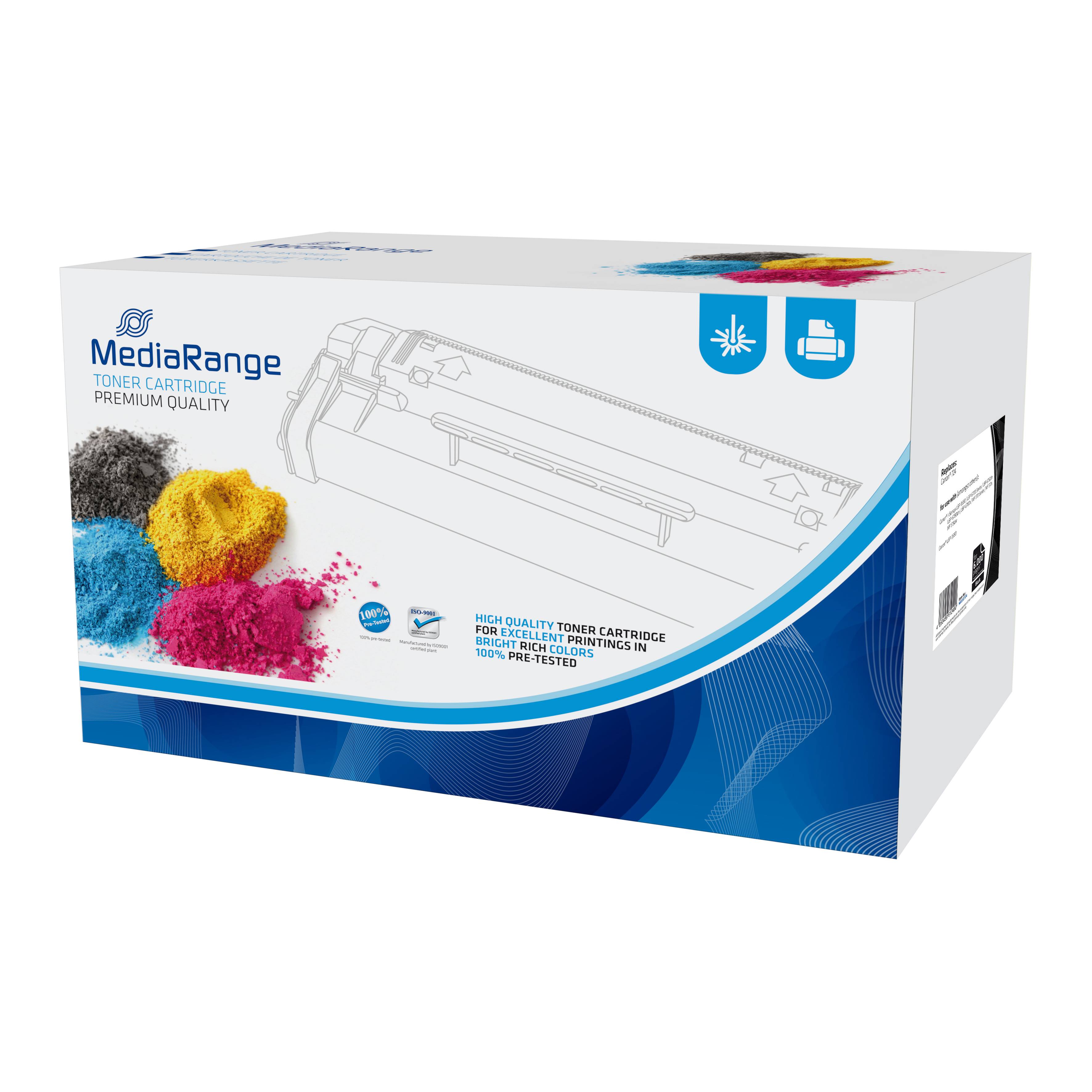 MediaRange Premium-Tonerpatrone Karton, dargestellt in weiß-blauer Verpackung mit farbenfrohen Tonerpulver-Grafiken und einem Druckersymbol.