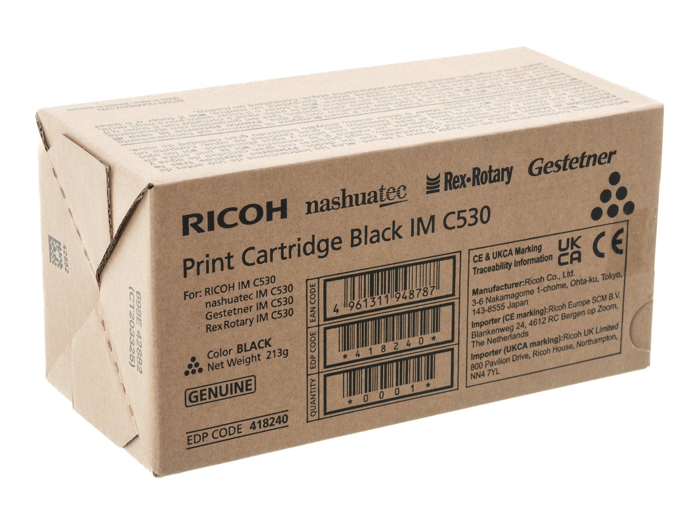 Kartonbox für eine schwarze Druckerpatrone von Ricoh, mit der Bezeichnung „Print Cartridge Black IM C530
