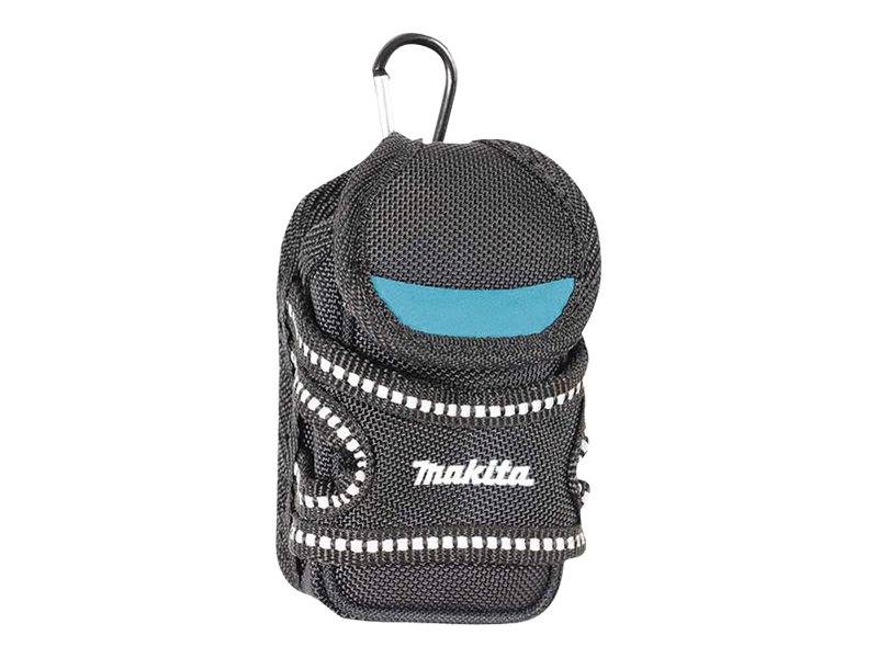 Kompakte schwarze Makita-Tasche mit Reißverschluss und Karabinerhaken, wahrscheinlich zum Transportieren eines kleinen Werkzeugs oder Zubehörs.