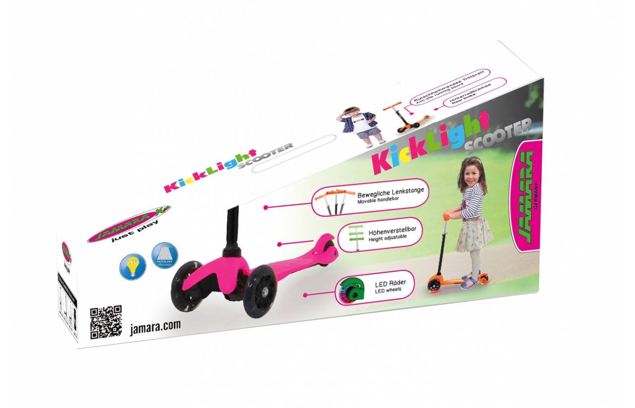 Produktbox für einen rosa dreirädrigen LED-Roller Kicklight, auf dem ein Kind zu sehen ist, der verstellbare Lenker, die Höhe und die LED-Räder hervorhebt.