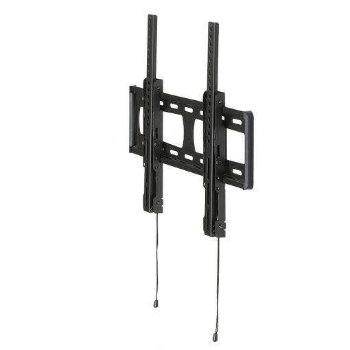Schwarze wandmontierte Fernseh-Halterung mit dualen vertikalen Schienen und Zugseilen, auf weißem Hintergrund dargestellt.