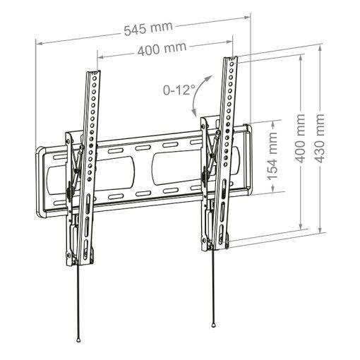 Technisches Diagramm einer TV-Wandhalterung mit verstellbaren Halterungen, VESA-Breiten 400-545 mm, Neigung 0-12°, und Höhenmessungen 154-430 mm.
