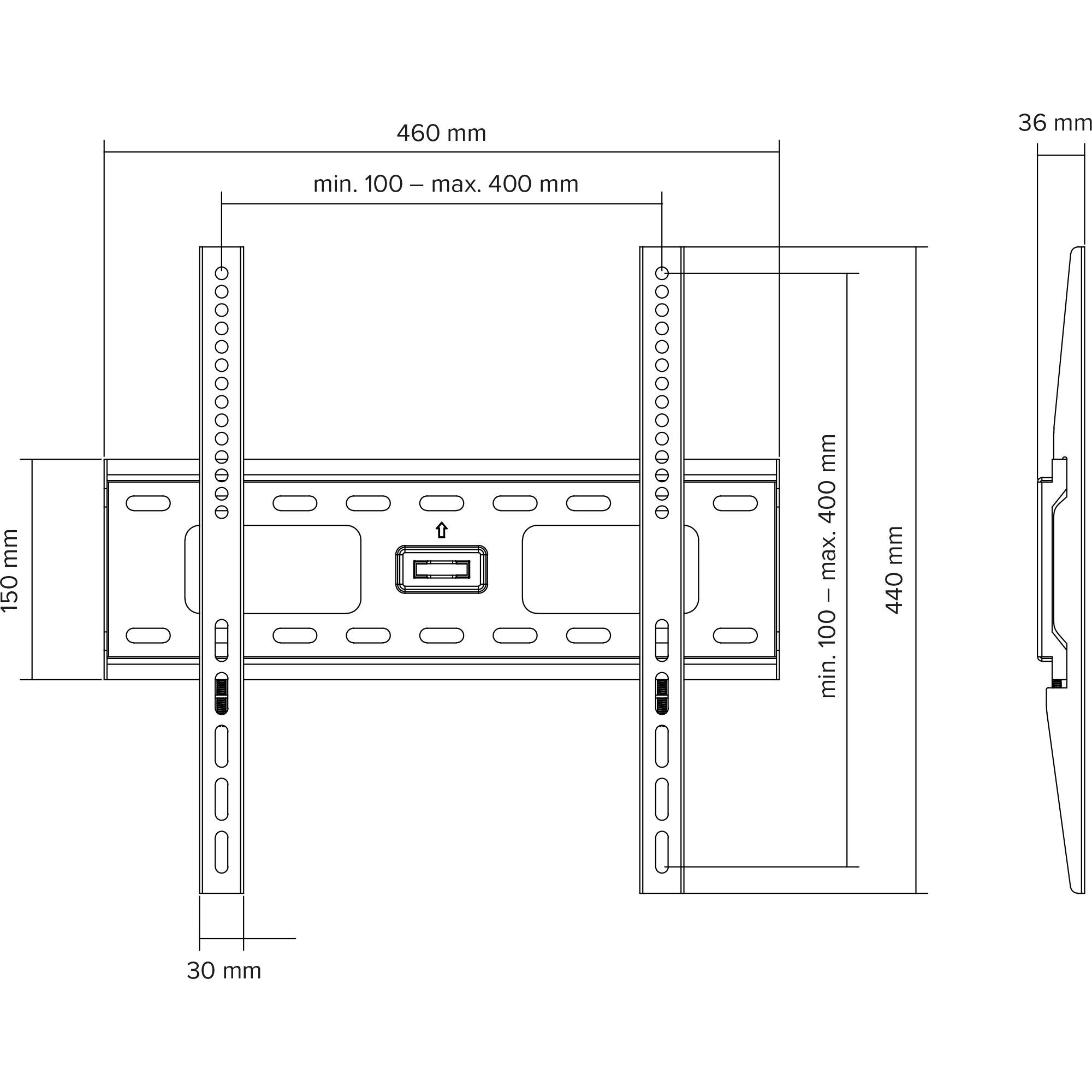 Technisches Montageplan einer TV-Wandhalterung mit einstellbaren Abmessungen: 460 mm breit, 150 mm hoch, 30 mm tief, und Montagebereiche von 100 bis 400 mm und 100 bis 440 mm.
