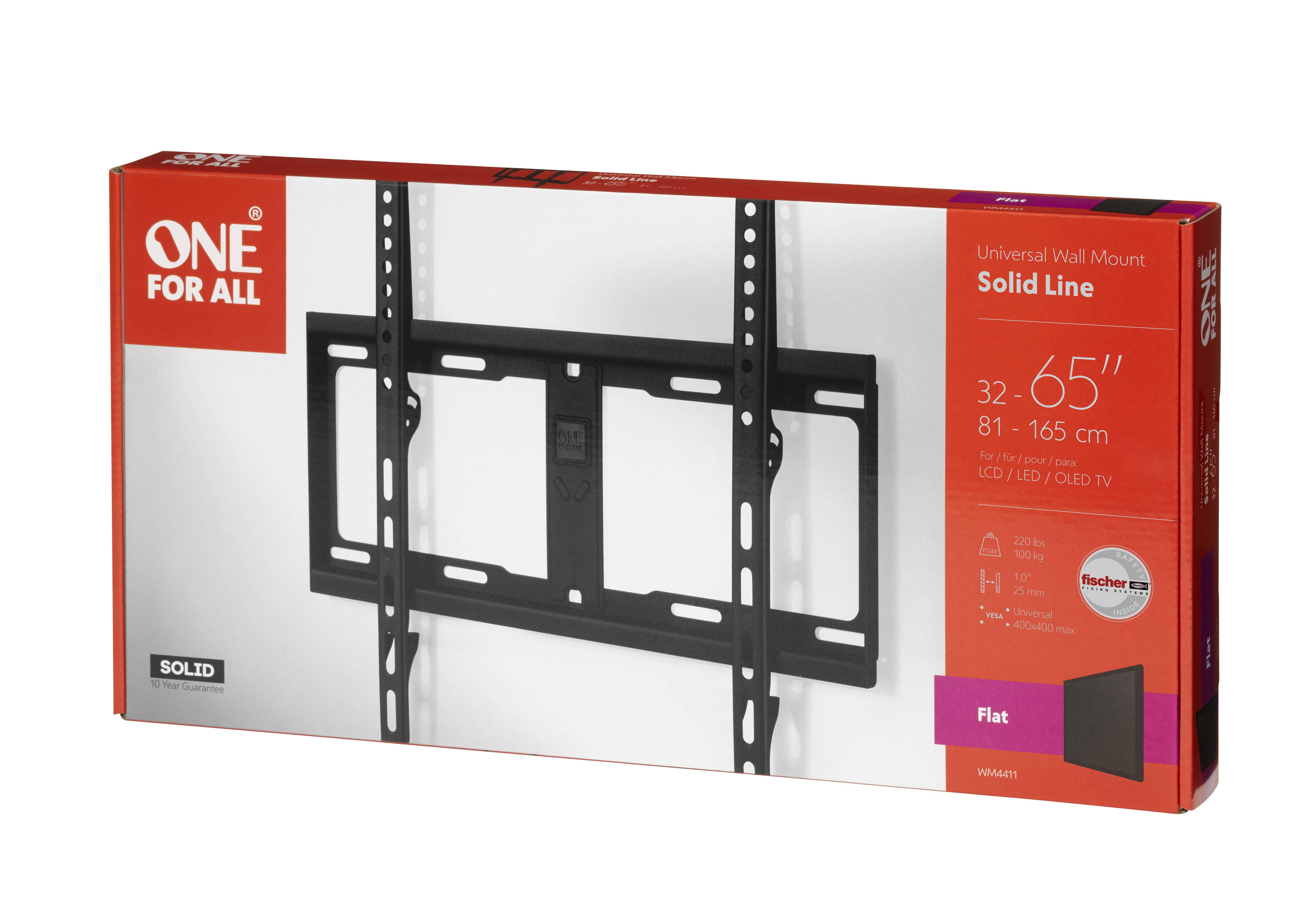 Verpackung für eine One For All Solid-Line universelle Wandhalterung für Flachbildfernseher, die die Halterung und die Kompatibilität mit 32-65 Zoll zeigt.