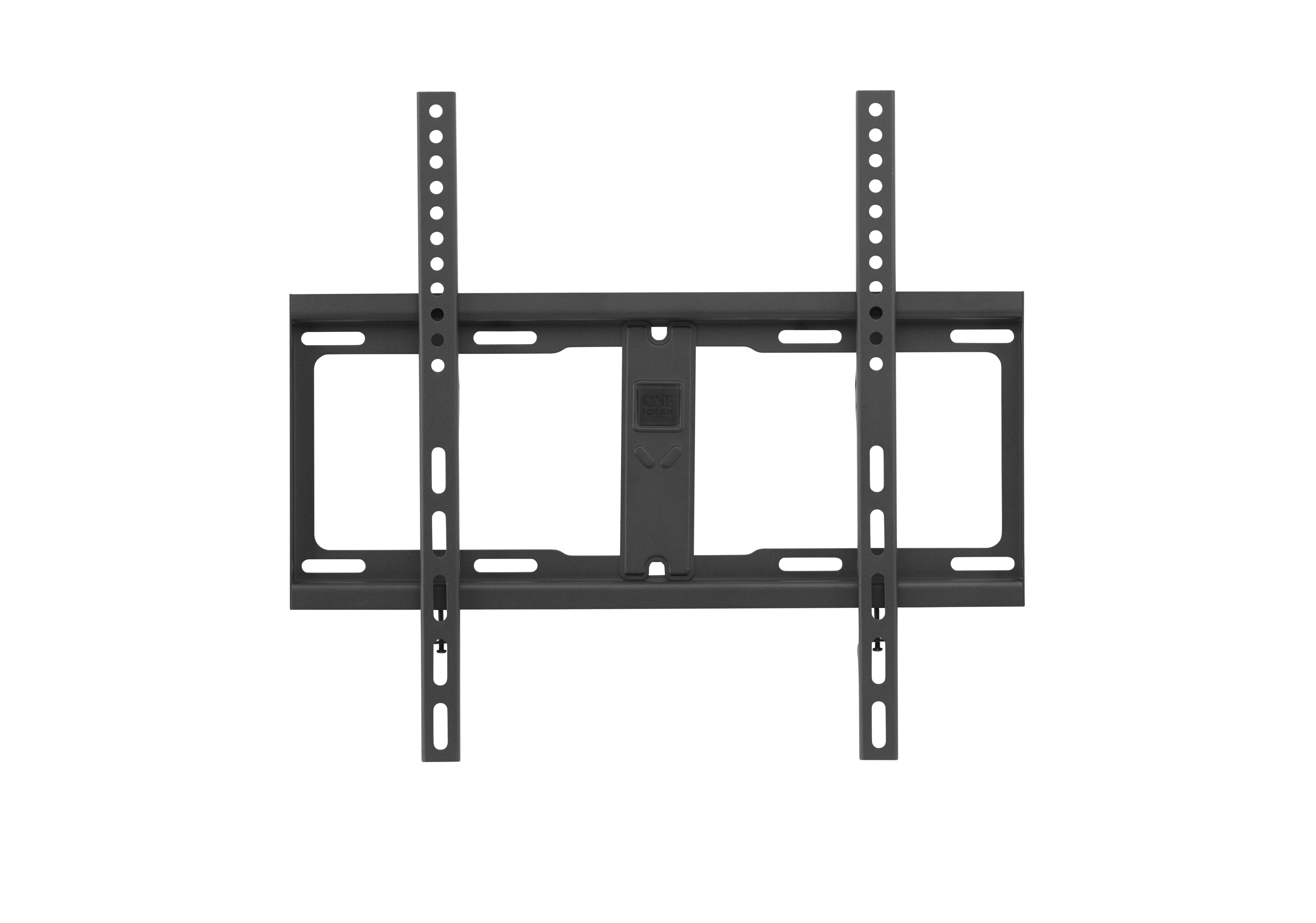Schwarze wandmontierte TV-Halterung mit zwei vertikalen Stützschienen auf weißem Hintergrund.