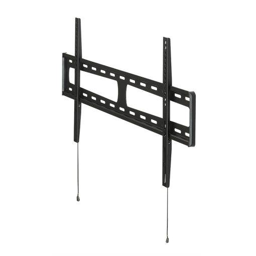 Schwarze verstellbare TV-Wandhalterung mit vertikalen Schienen und Zugseilen, dargestellt vor weißem Hintergrund.