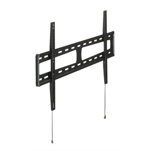 Schwarze verstellbare Wandhalterung für Fernseher mit vertikalen Schienen und hängenden Zugleinen, abgebildet auf weißem Hintergrund.
