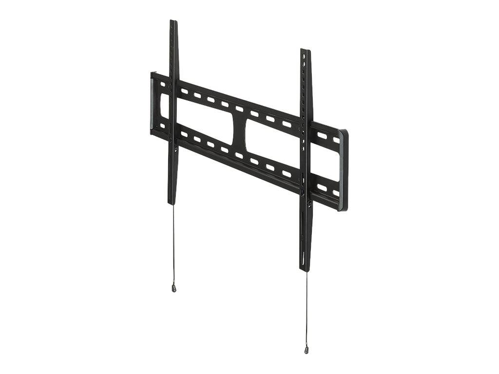 Schwarze verstellbare TV-Wandhalterung mit zwei Aufhängseilzügen zur Einstellung oder Freigabe der Neigung.