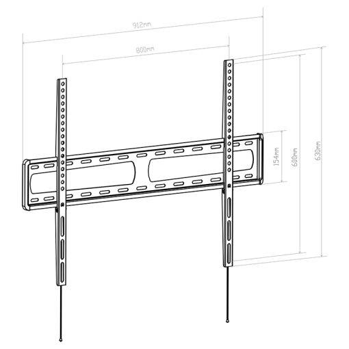 Technisches Diagramm einer Wandfernseh-Montageklammer mit zwei vertikalen Schienen, mit den Abmessungen 912 mm Breite, 800 mm Montagebreite und 630 mm Höhe.