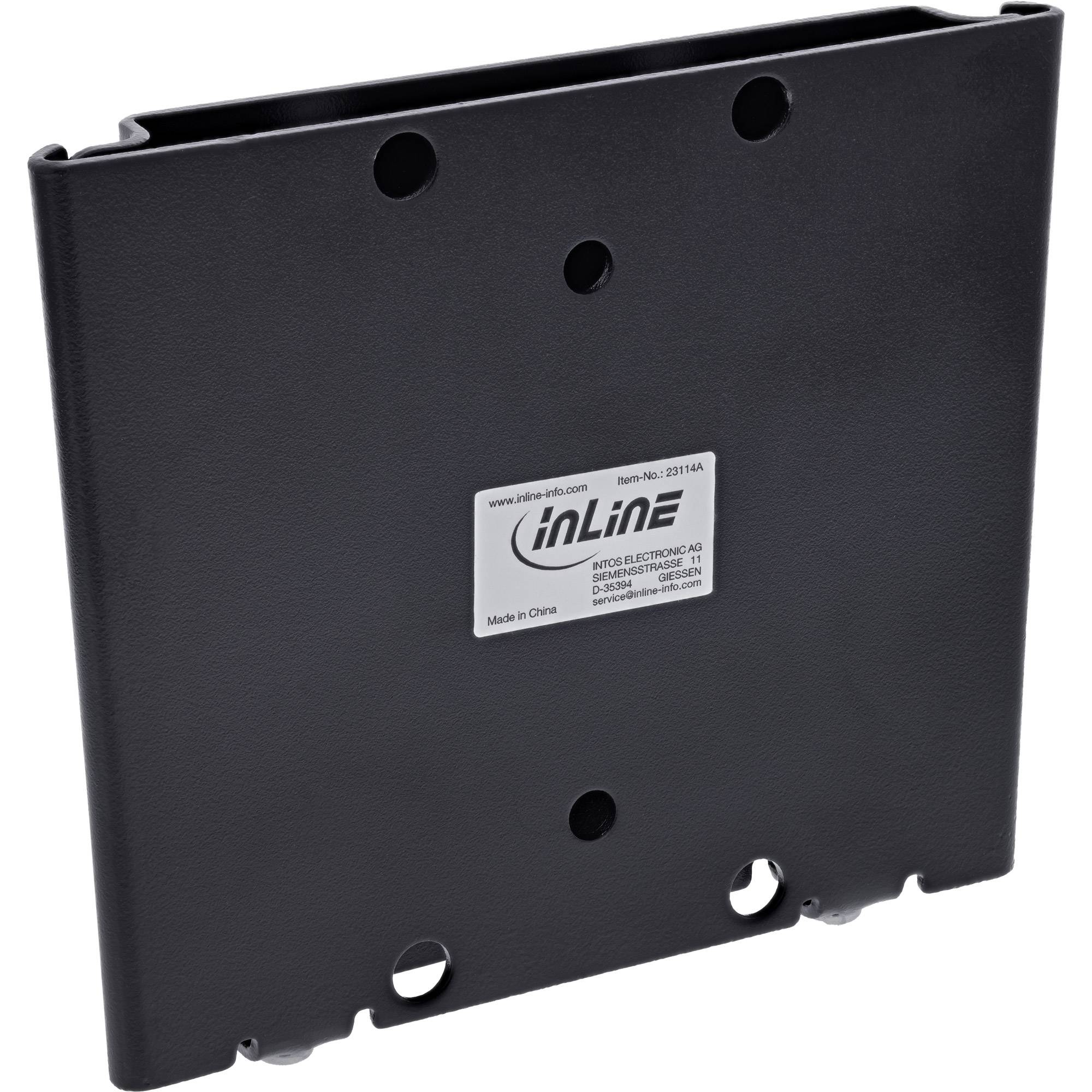 Schwarzes rechteckiges Metall-Elektroschrank-Panel mit mehreren kreisförmigen Ausschnitten und einem InLine-Produktetikett.