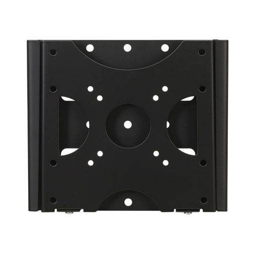 Schwarze Metall-TV-Wandhalterung mit mehreren Schraubenlöchern und Seitenschienen, frontal auf weißem Hintergrund dargestellt.