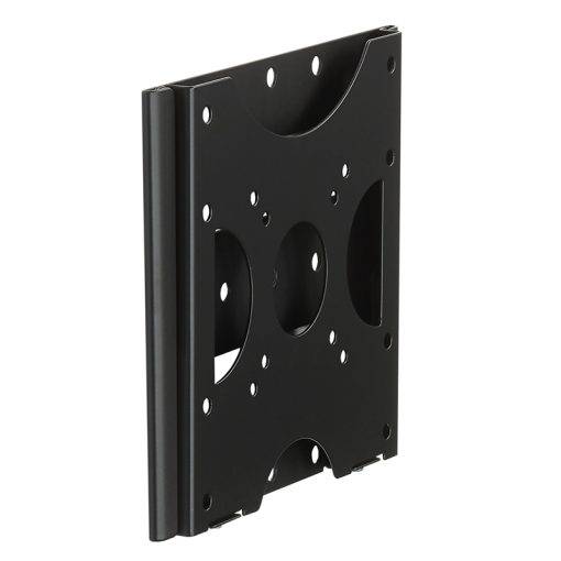 Schwarze VESA-Stil-Fernseh-Wandhalterung aus Metall mit mehreren Schraubenlöchern, auf weißem Hintergrund dargestellt.