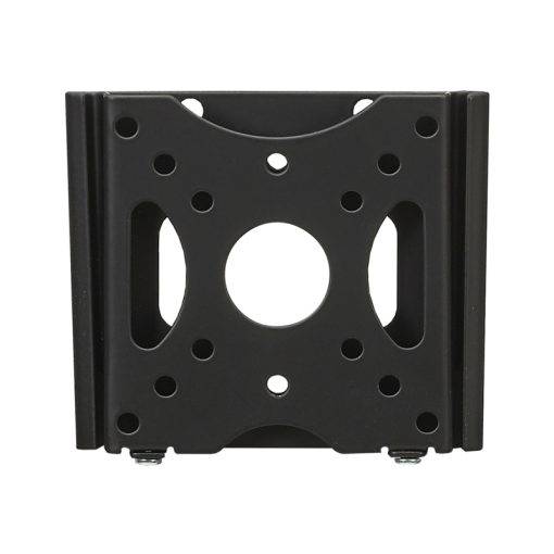 Schwarze Metall-Wandhalterung für Fernseher mit mehreren Schraubenlöchern und einer zentralen Öffnung, Vorderansicht auf weißem Hintergrund.