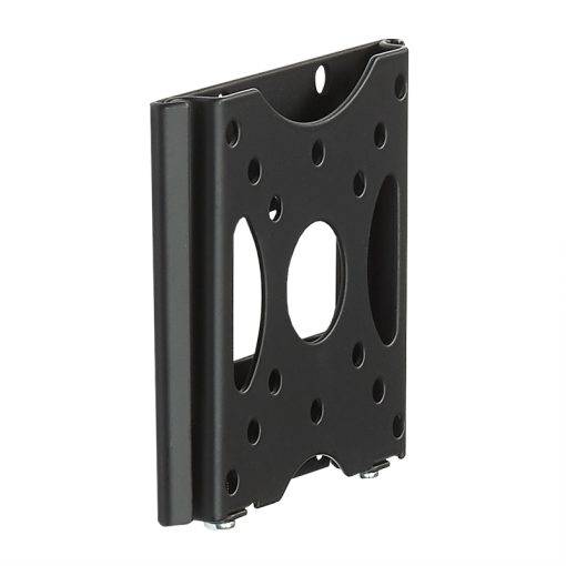 Schwarze Metall-Wandhalterung für Fernseher mit mehreren Schraubenlöchern und Schlitzen, dargestellt vor weißem Hintergrund.
