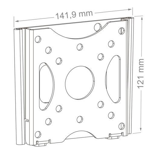 Technische Zeichnung einer rechteckigen Metallmontageplatte mit mehreren kreisförmigen und ovalen Ausschnitten, mit einer Breite von 141,9 mm und einer Höhe von 121 mm.