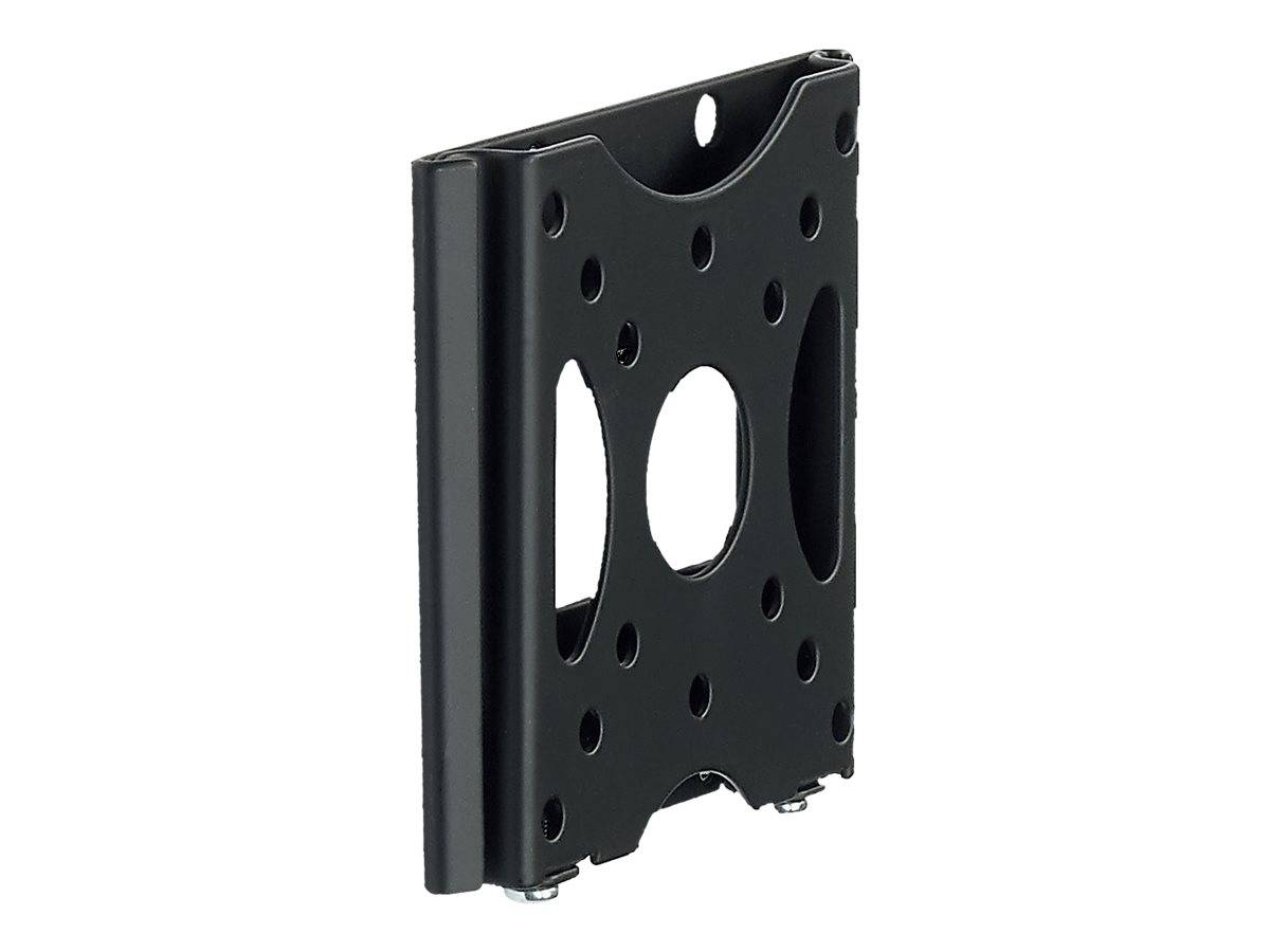 Schwarze Metall-Wandhalterung mit mehreren Löchern und Ausschnitten, dargestellt auf einfachem weißem Hintergrund.