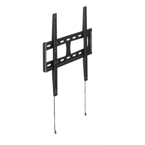 Schwarze verstellbare Wandhalterung für Fernseher mit vertikalen Schienen und Zugseilen, dargestellt auf weißem Hintergrund.
