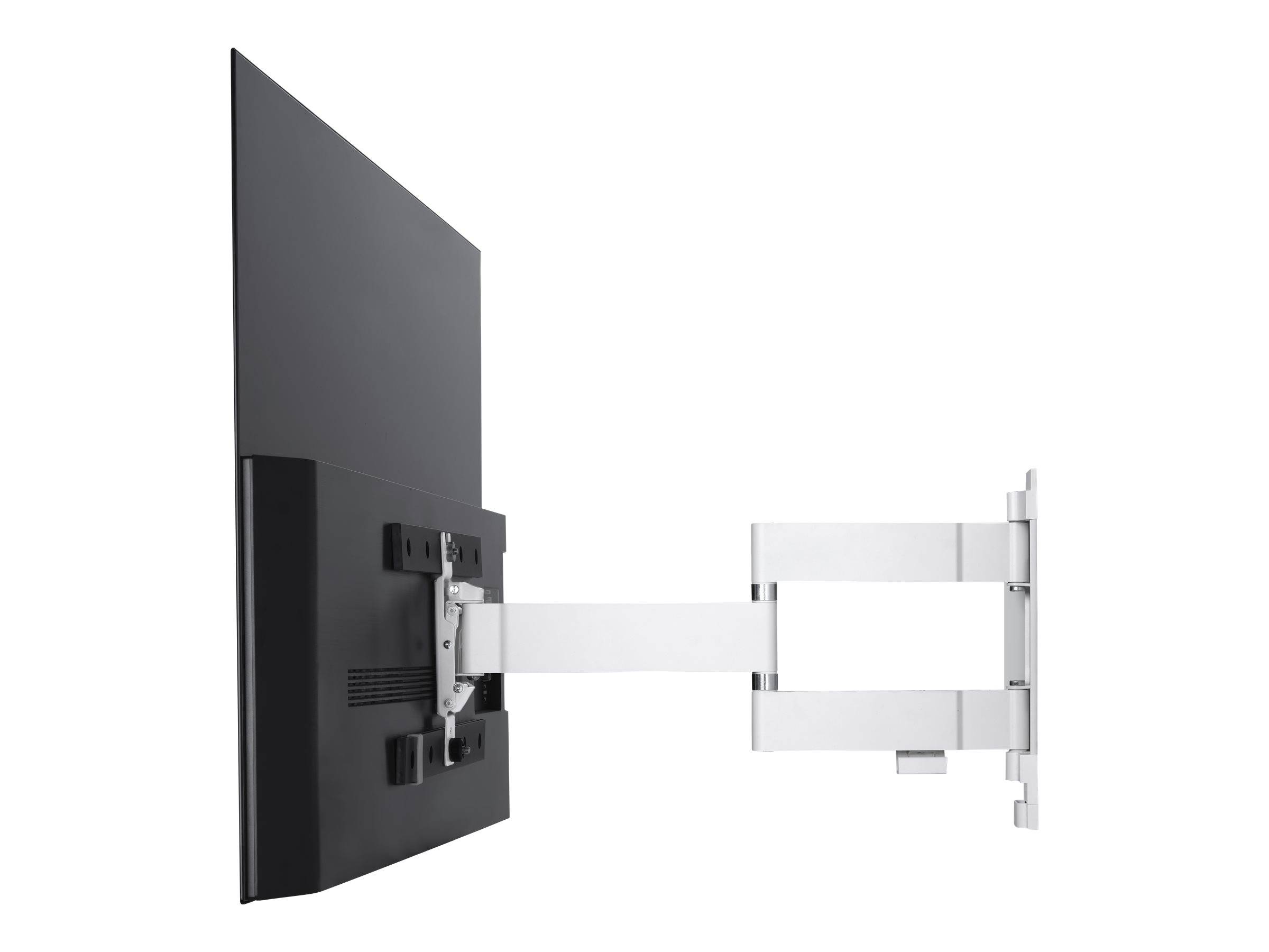 Verstellbarer an der Wand montierter Fernseh-Halterungsarm, der sich von einem Flachbildfernseher erstreckt und den Befestigungsmechanismus und die Schwenkstütze auf weißem Hintergrund zeigt.