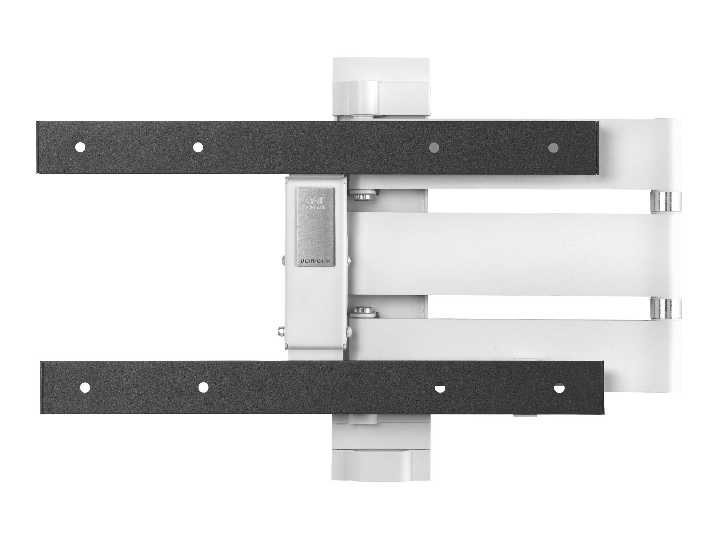 Vorderansicht einer wandmontierten verstellbaren Metallhalterung mit zwei dunklen horizontalen Armen und einem zentralen silbernen Mechanismus, isoliert auf weißem Hintergrund dargestellt.