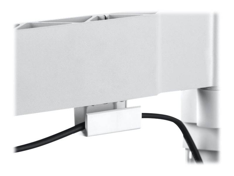 Nahaufnahme der Rückseite eines weißen Monitors mit einem Kabel, das durch einen integrierten Kabelführungsclip geführt ist.