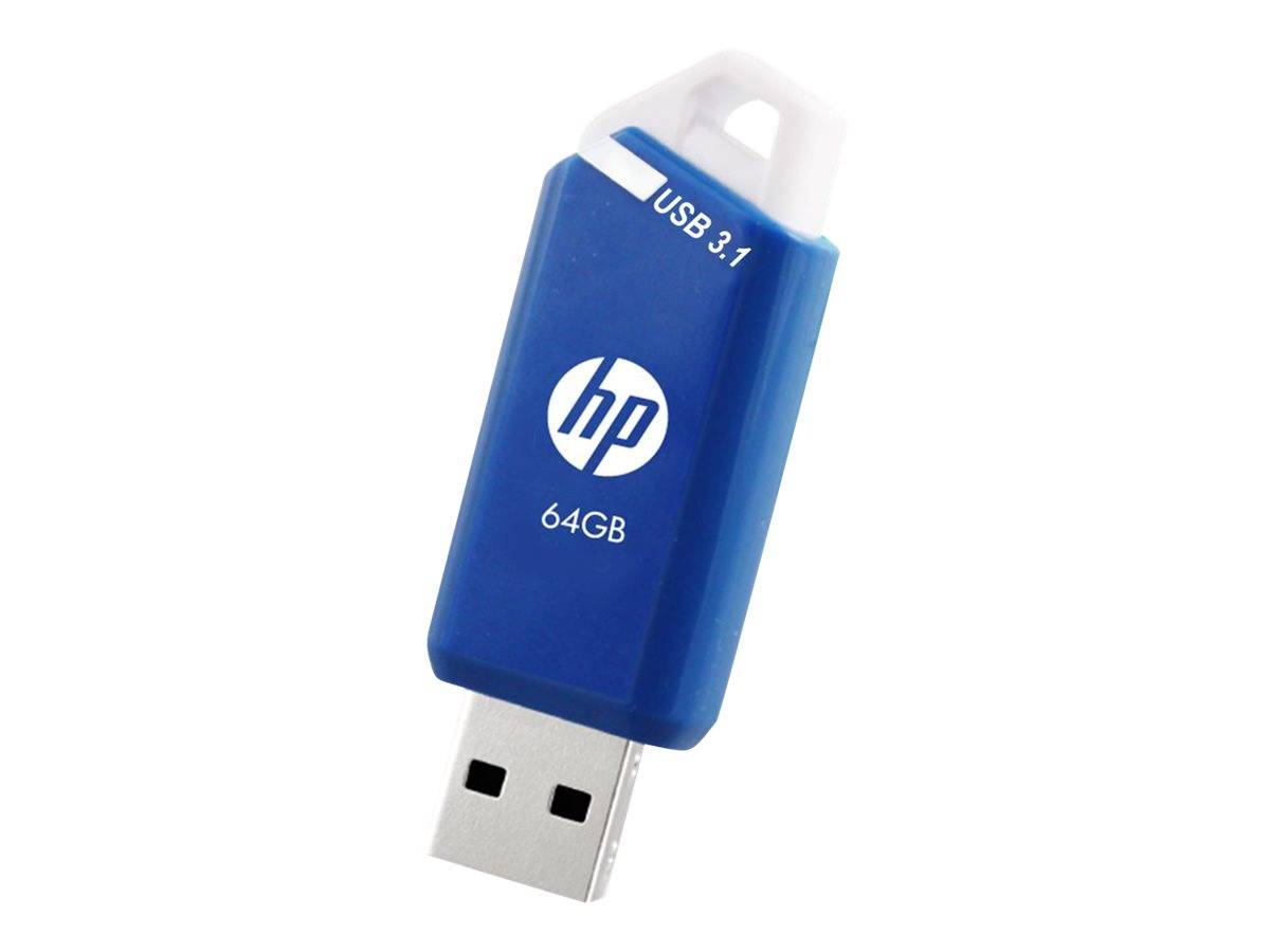 Blauer HP 64GB USB 3.1 USB-Stick mit freiliegendem USB-Anschluss und weißer Kappe, dargestellt auf weißem Hintergrund.