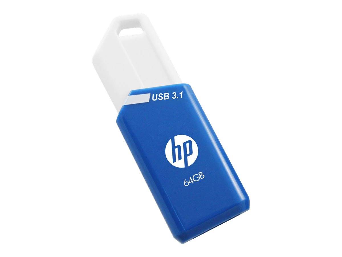 Bluer HP 64GB USB 3.1 Speicherstick mit weißem einziehbarem Schutzdeckel vor einem einfachen Hintergrund.