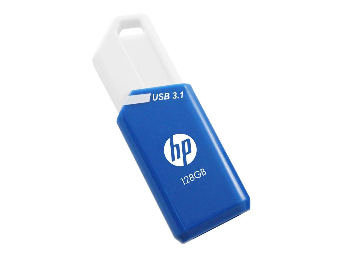 Blauer HP 128GB USB 3.1-Speicherstift mit einer durchscheinenden weißen Kappe, isoliert auf weißem Hintergrund dargestellt.