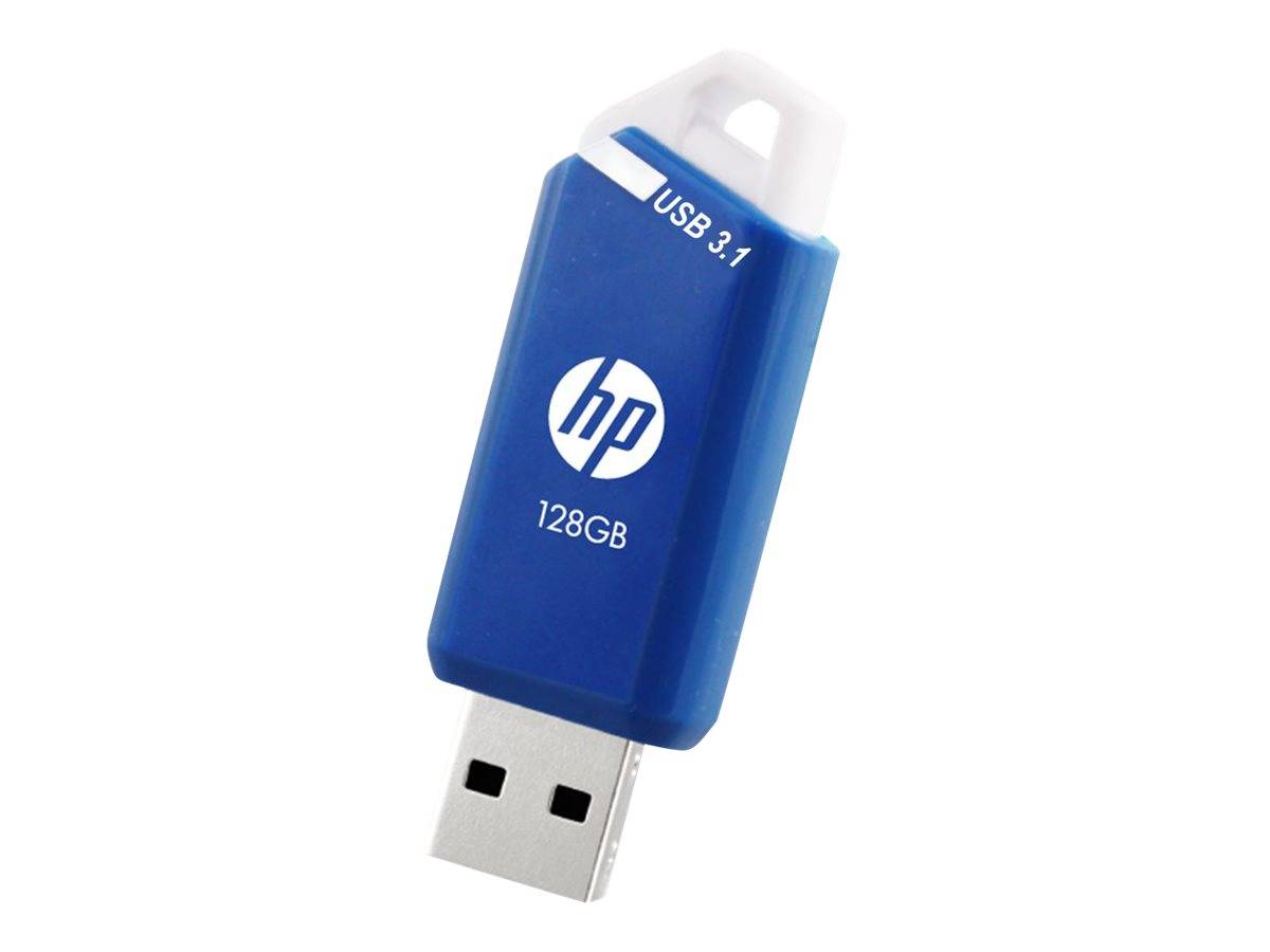 Blauer HP 128GB USB 3.1 USB-Stick mit weißer Kappe, auf weißem Hintergrund dargestellt.