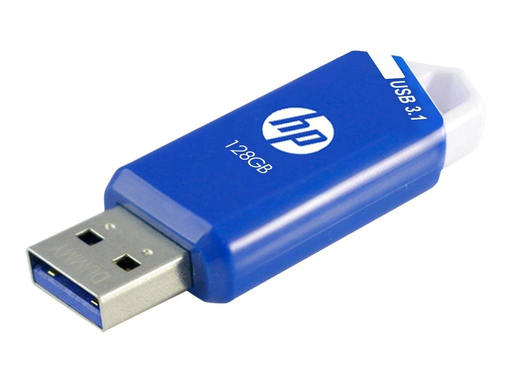 Blauer HP 128GB USB 3.1 Speicherstick mit USB-A-Anschluss und Schutzkappe.