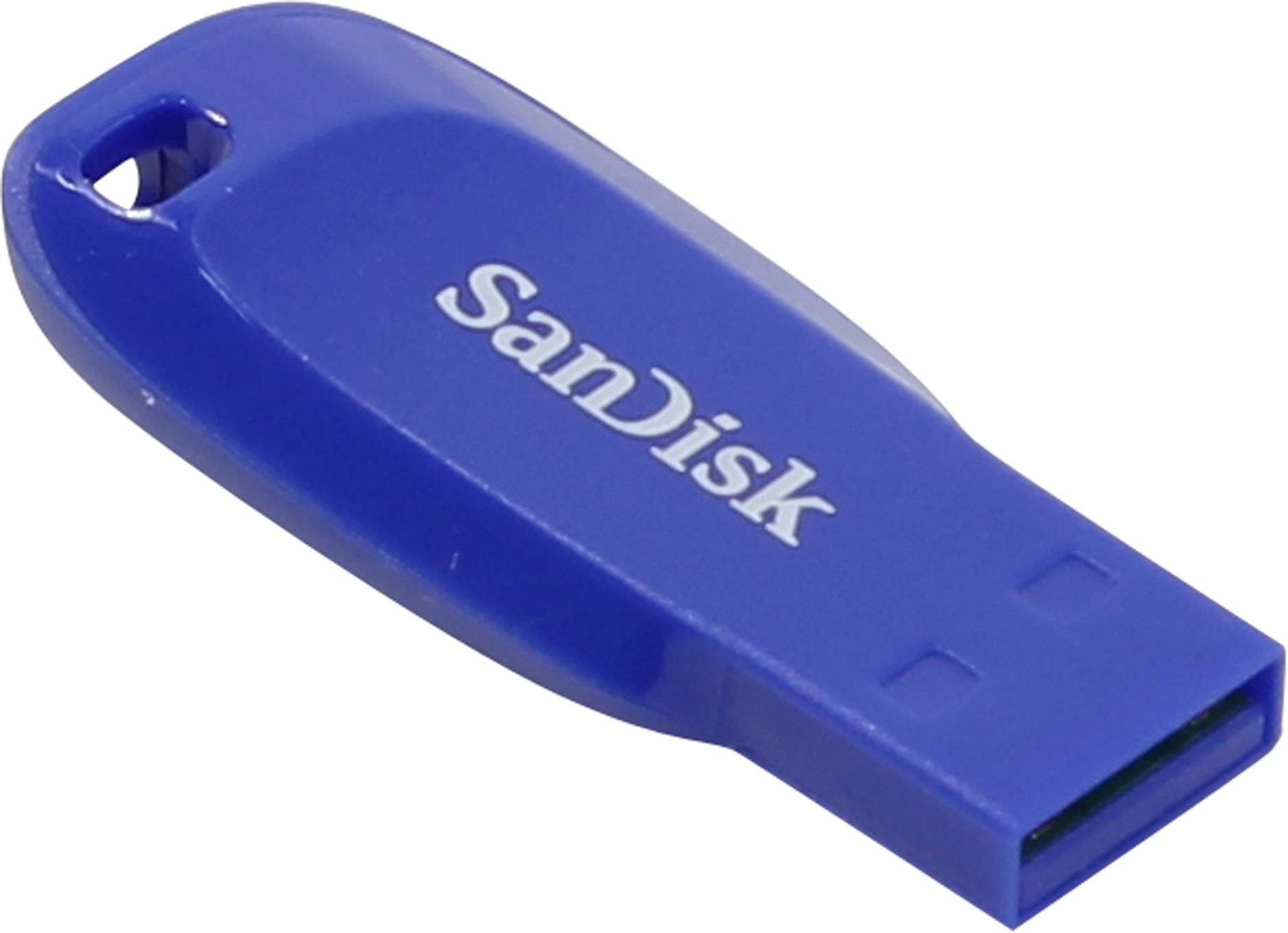 Blauer SanDisk USB-Stick mit Schlüssellochaufhängung, gezeigt auf weißem Hintergrund.