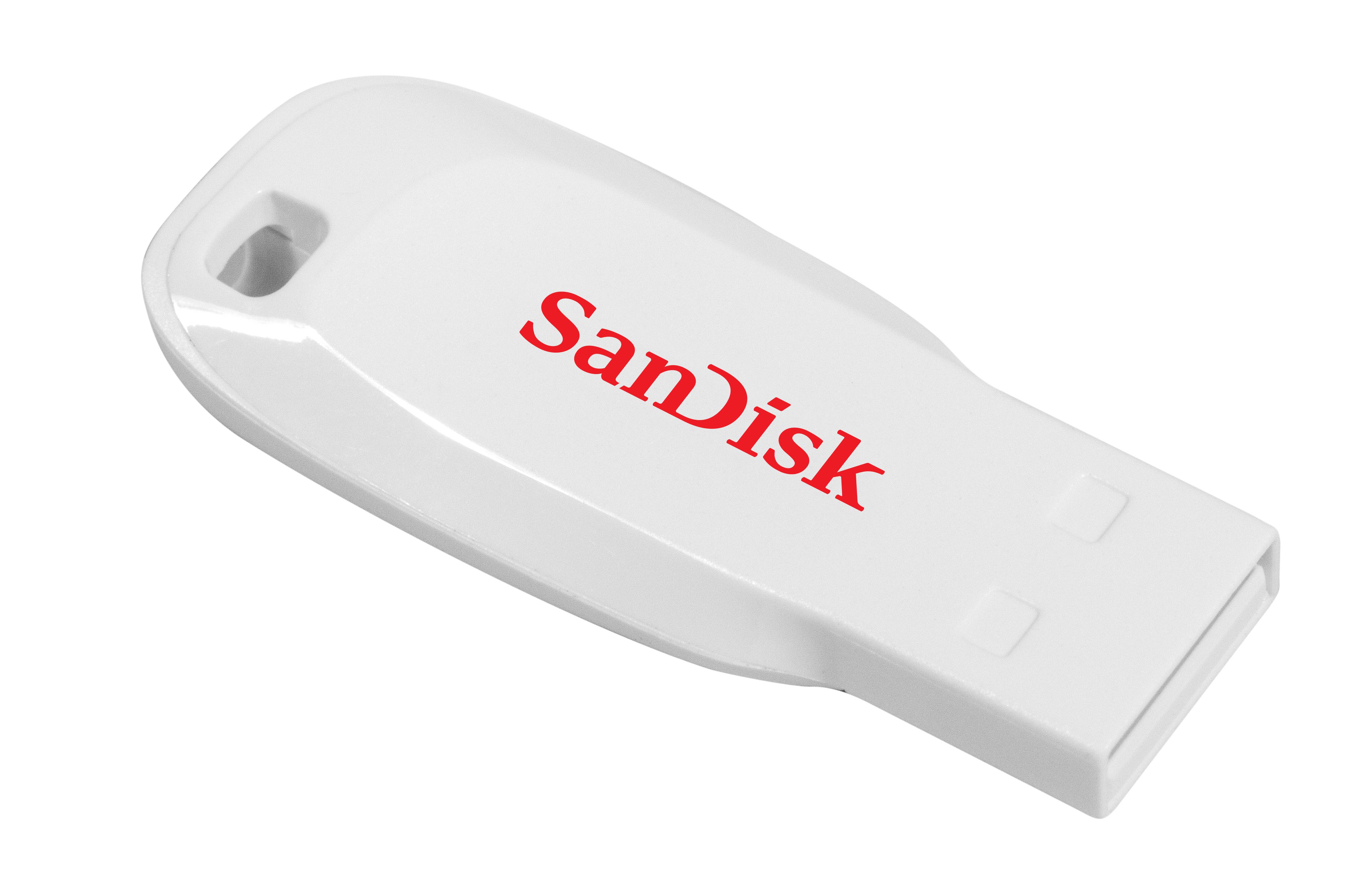 Weiße SanDisk USB-Speicherstick in schräger Perspektive auf einfachem weißem Hintergrund dargestellt.