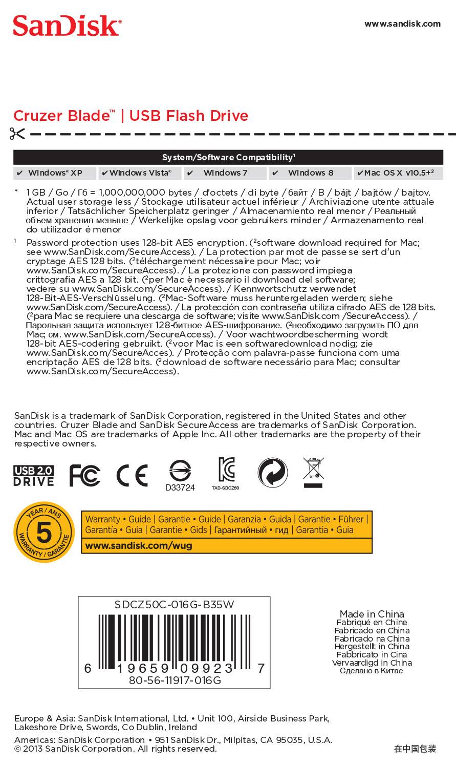 # SanDisk Cruzer Blade USB-Speicherlaufwerk Paketaufkleber mit Kompatibilität, Garantie, Barcode, Zertifizierungen und Produktdetails in mehreren Sprachen.