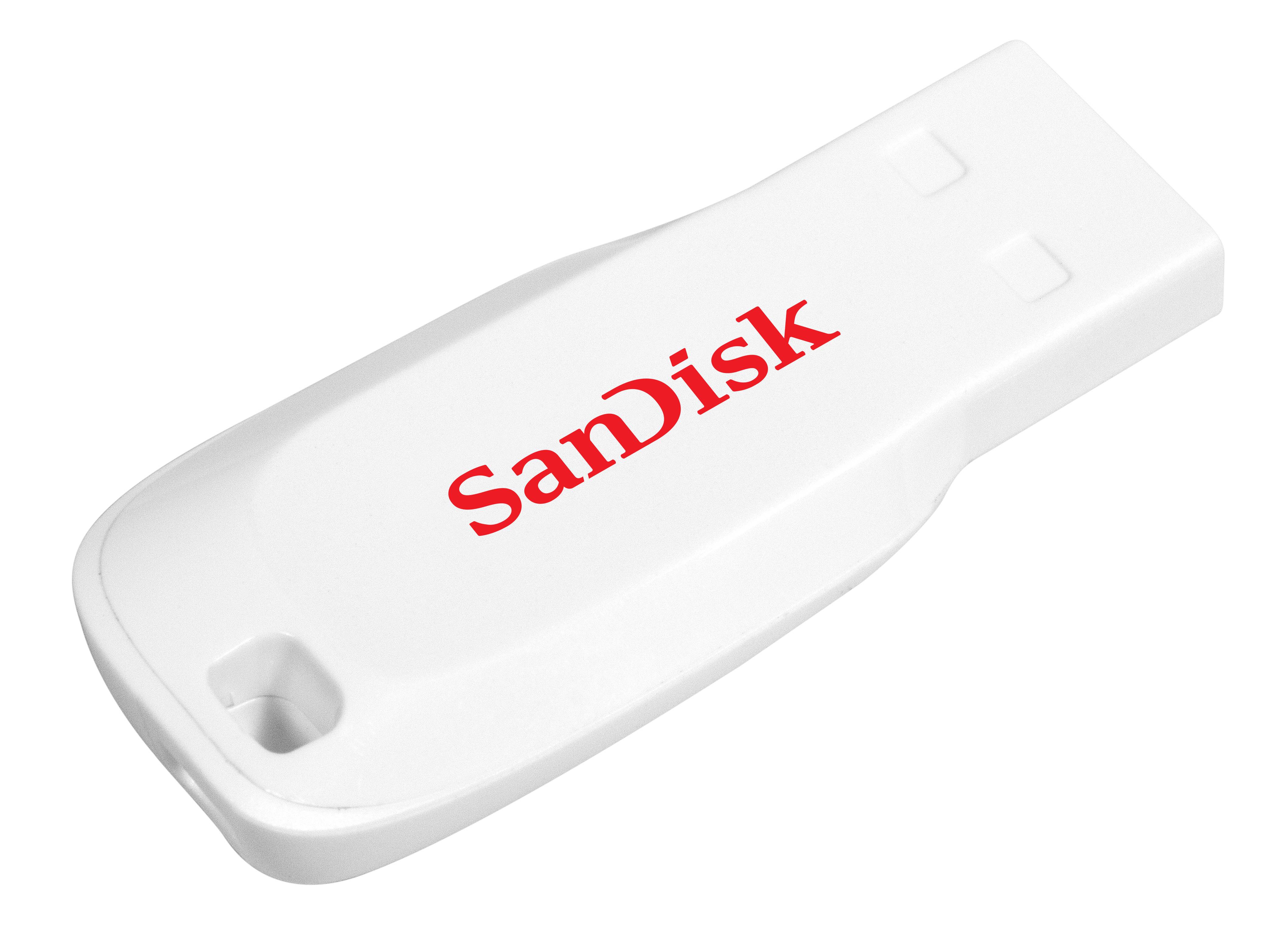 Weißes SanDisk-USB-Speicherlaufwerk in einer Winkelansicht auf weißem Hintergrund.