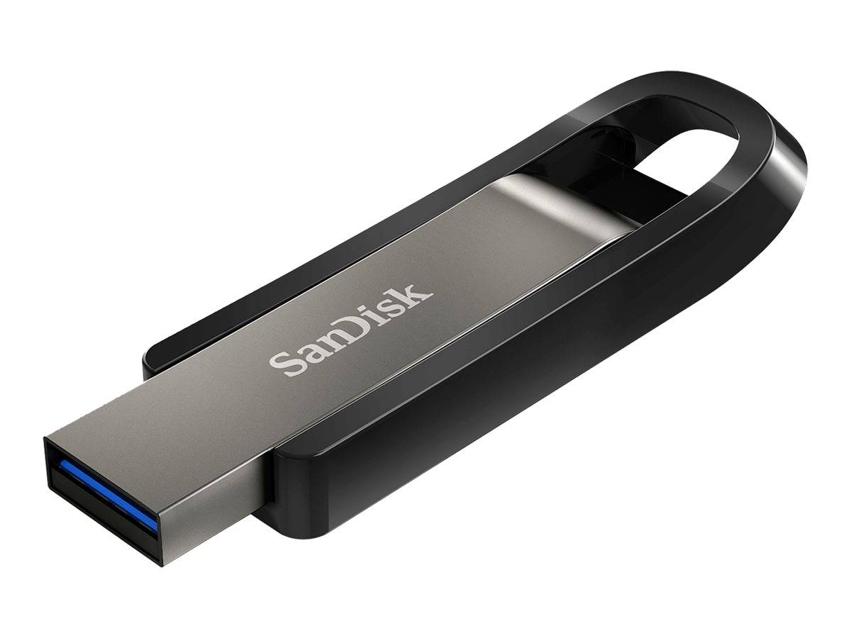 SanDisk USB-Stick mit schwarzem und silbernem Drehverschluss-Design, dargestellt auf weißem Hintergrund.