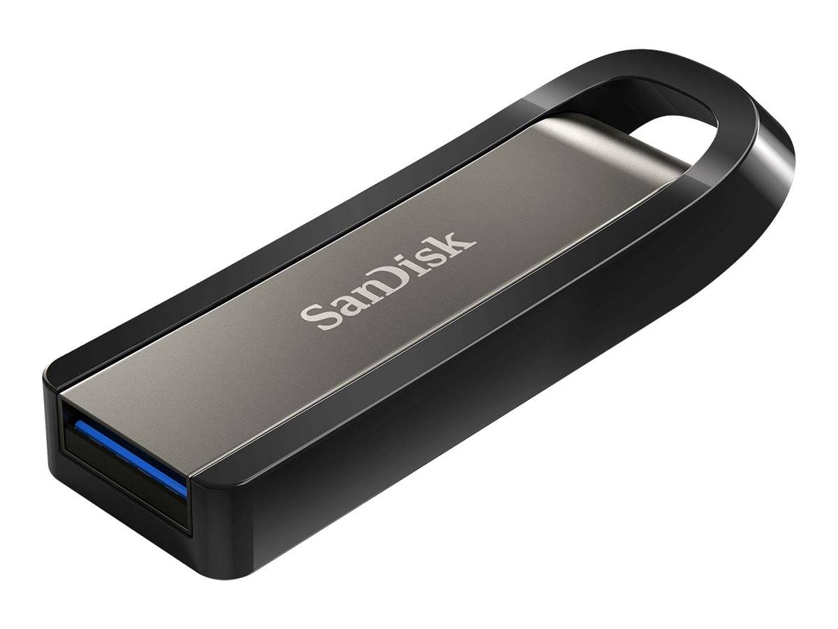 SanDisk USB-Stick mit schwarzem Gehäuse, silbernem Mittelpanel und blauem USB-Anschluss, gezeigt auf weißem Hintergrund.