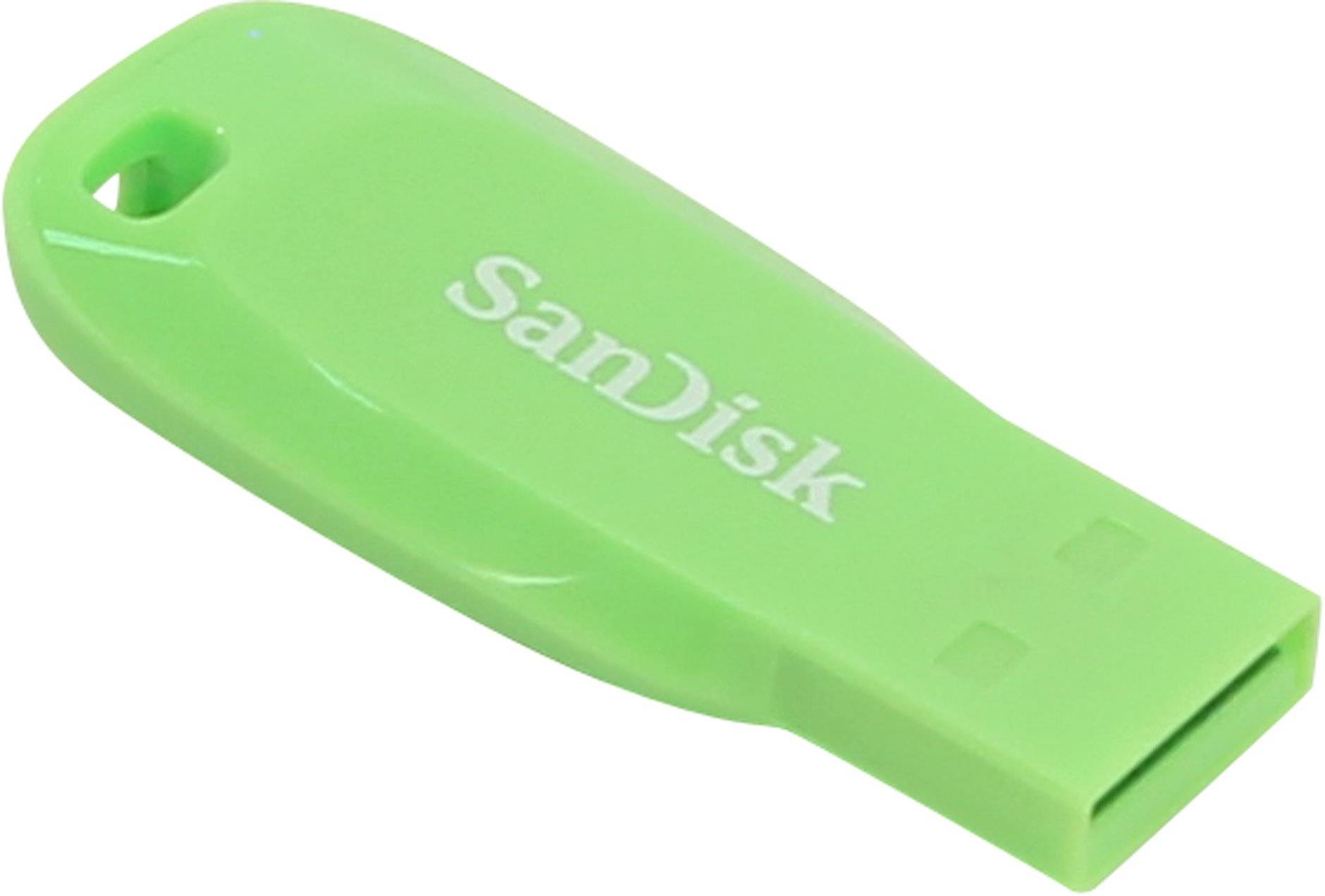 Grünes SanDisk-USB-Speicherlaufwerk mit Schlüssellochöffnung, gezeigt auf weißem Hintergrund.