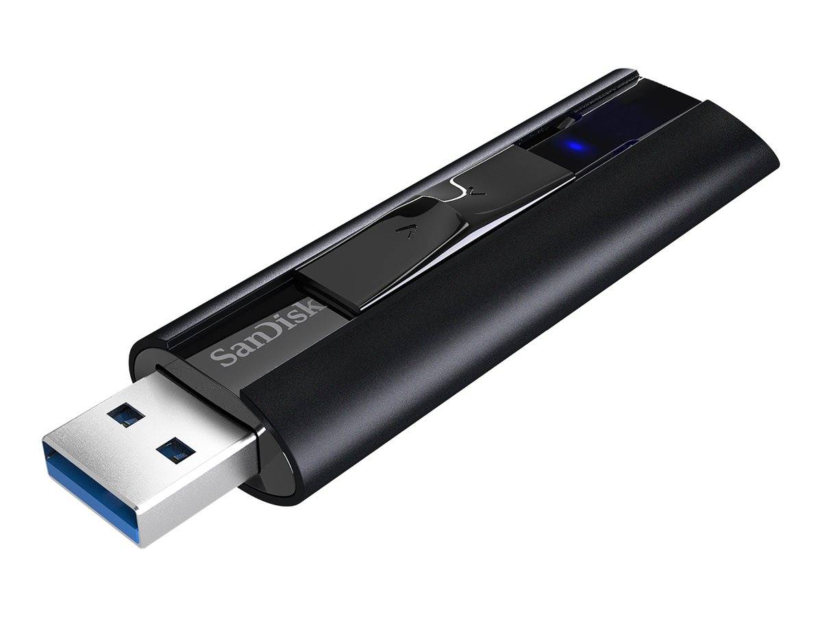 Schwarzes SanDisk-USB-Flash-Laufwerk mit freiliegendem Metallstecker und blauer LED-Anzeige, gezeigt auf weißem Hintergrund.