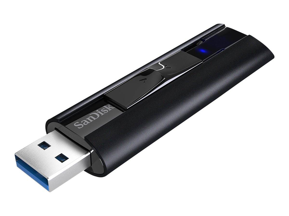 Black SanDisk USB-Stick mit ausfahrbarem Anschluss und blauem USB-Stecker auf weißem Hintergrund
