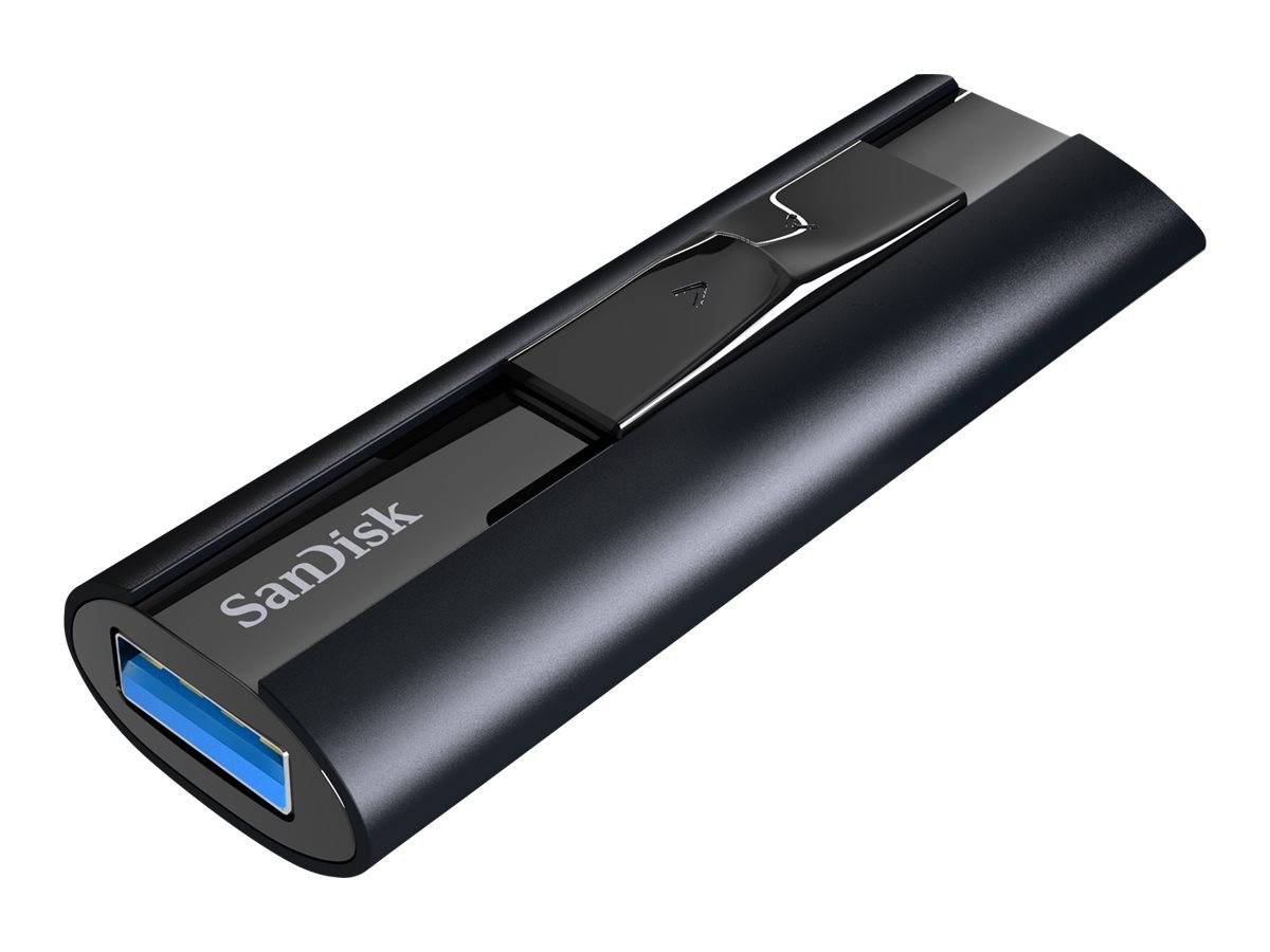 Schwarzer SanDisk USB-Stick mit blauem USB-Anschluss, auf weißem Hintergrund dargestellt.