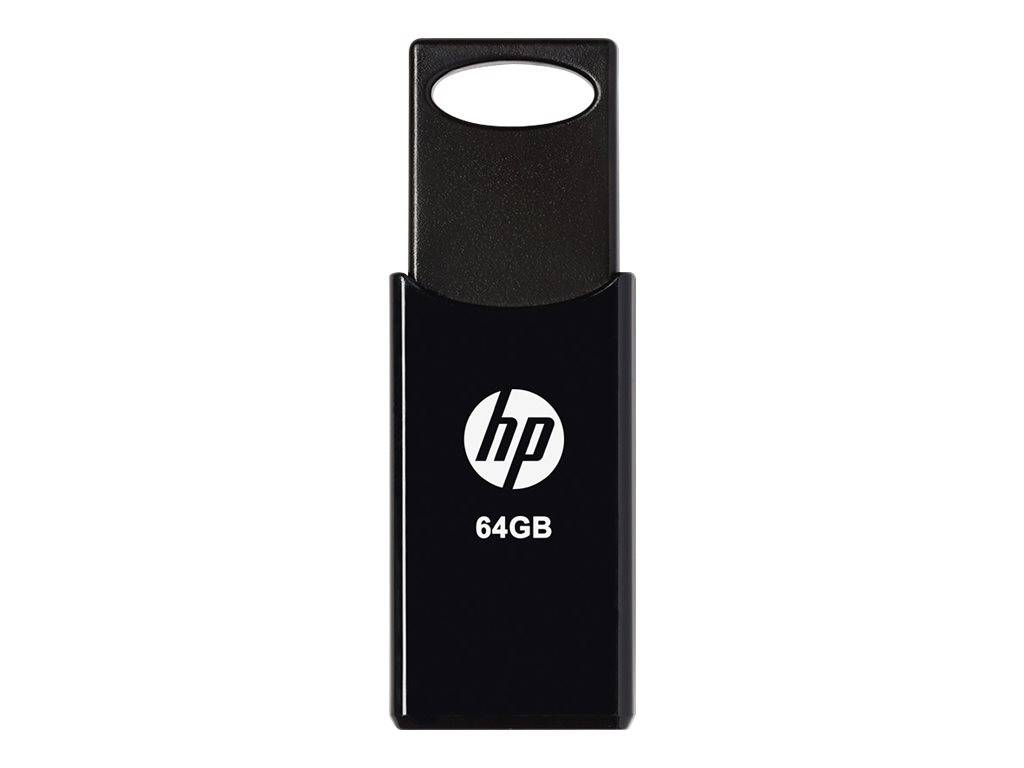 Schwarzes HP USB-Speicherlaufwerk mit 64 GB Kapazität mit entfernter Kappe, dargestellt auf weißem Hintergrund.