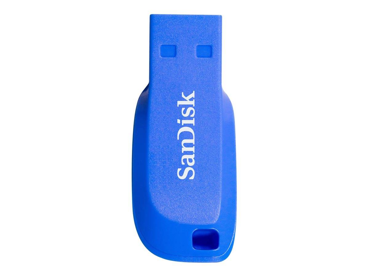 Blauer SanDisk USB-Stick auf weißem Hintergrund, in Vorderansicht mit sichtbarem Markennamen.