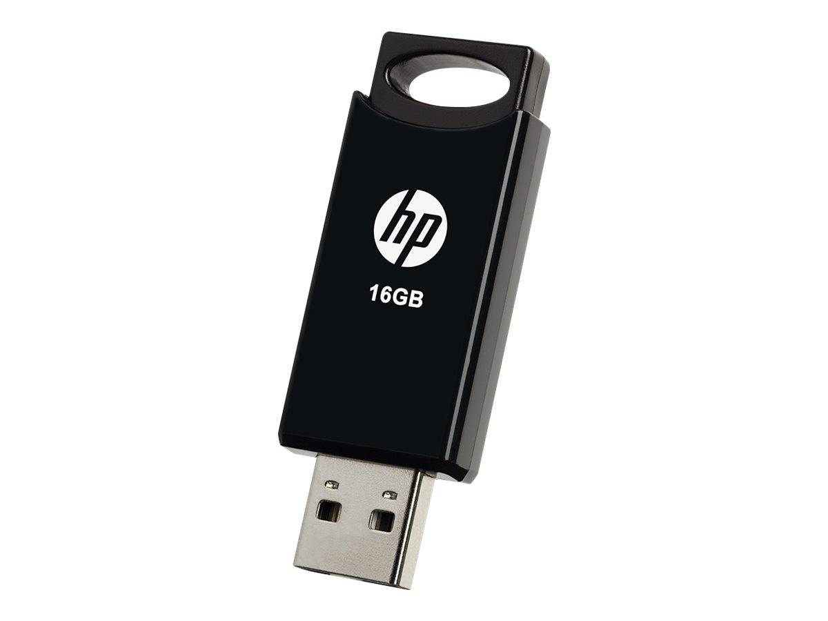 Schwarzes HP 16GB USB-Speicherlaufwerk mit Schlüsselring-Loch, gezeigt auf weißem Hintergrund.