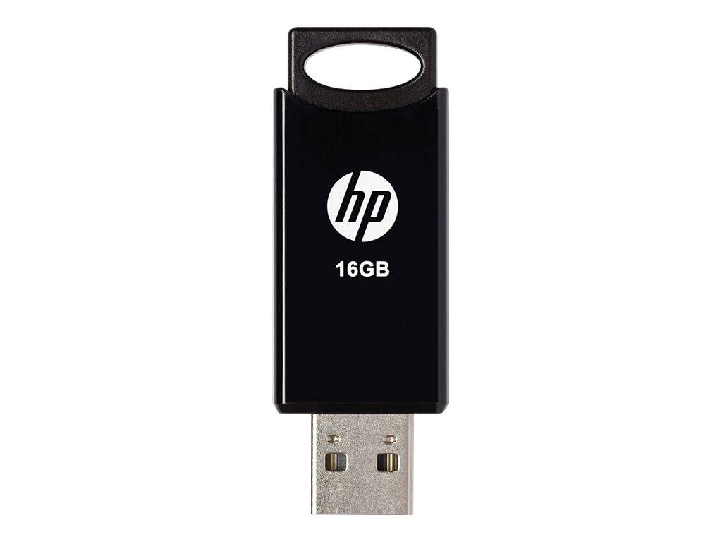 Schwarzer HP 16GB USB-Stick mit Metallstecker, abgebildet auf weißem Hintergrund.